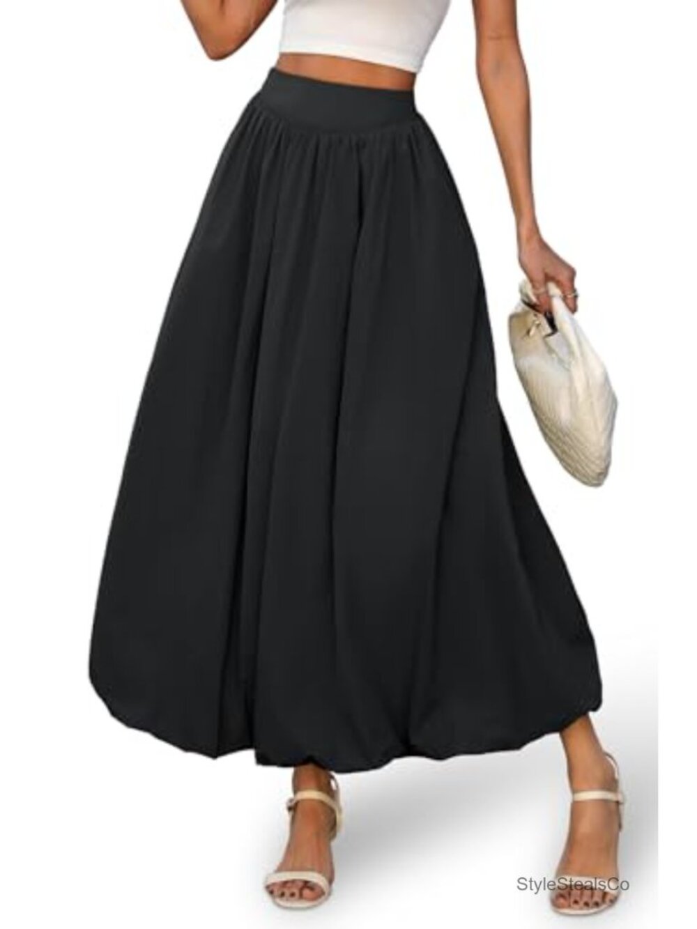 Bubble Maxi Skirt, Elastic Waist A-Line Long Skirt with Pockets Y2K Flowy